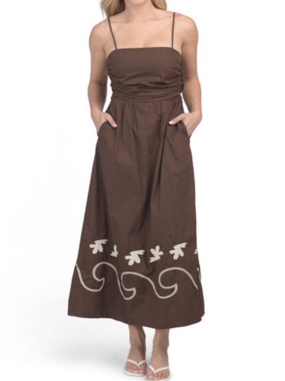 Mon renn 100% cotton brown mystique waves smocked midi dress NWT SZ M